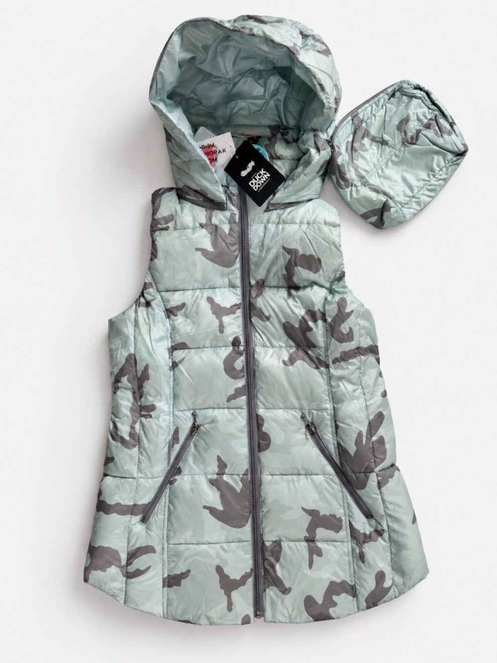 My Anorak Packable Down Puffer Vest Detachable Hood Blue Camo NWT Women’s S